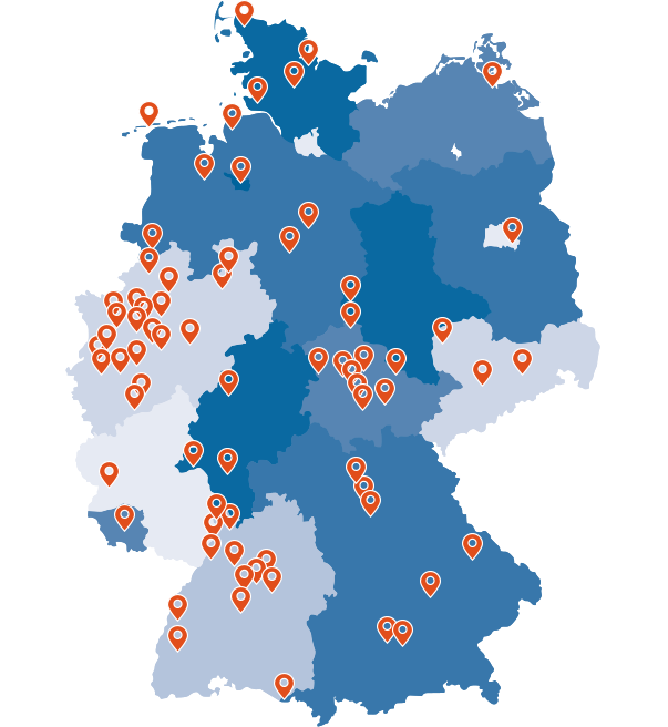 Deutschlandkarte mit eingezeichneten Bundesländern und Pins auf den jeweiligen Kommunen.