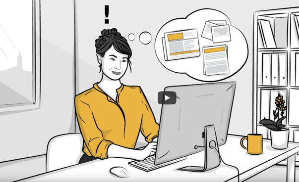 In einer Zeichnung sitzt eine Frau vor einem Computer am Schreibtisch.