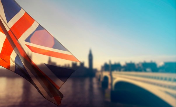 Die UK-Flagge vor der Themse mit Brücke und mit Big Ben im Hintergrund.