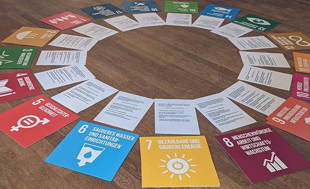 Die Symbole der 17 globalen Nachhaltigkeitsziele sind in einem Kreis angeordnet. Über jedem Ziel liegt ein beschriebenes DIN-A4-Blatt.