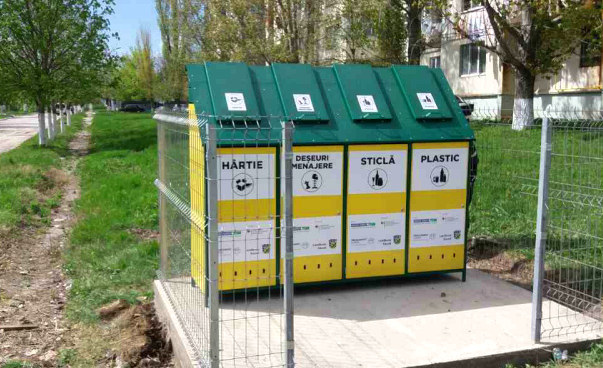 On display are containers for separate waste collection in Anenii Noi, Moldova.