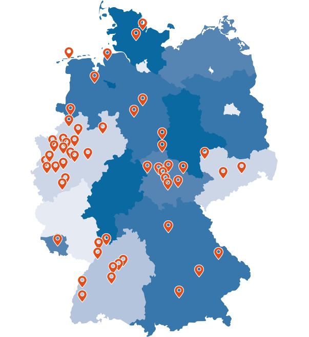 Germany map with marked states and pins on the respective municipalities.
