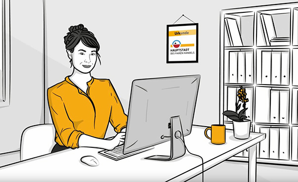 In einer Zeichnung sitzt eine Frau an einem Schreibtisch vor einem Monitor.