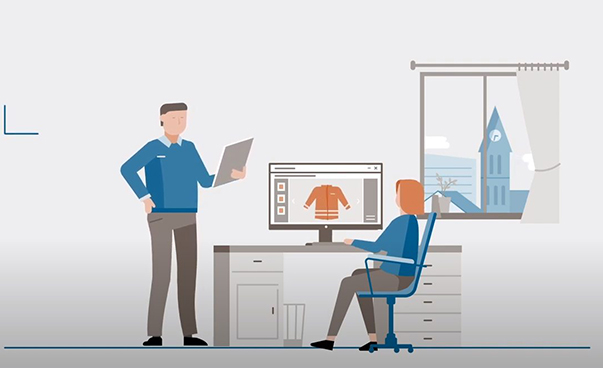 Auf dem Bild sind zwei gezeichnete Personen in einem Büro zu sehen; auf dem Computerbildschirm eine Arbeitsjacke.