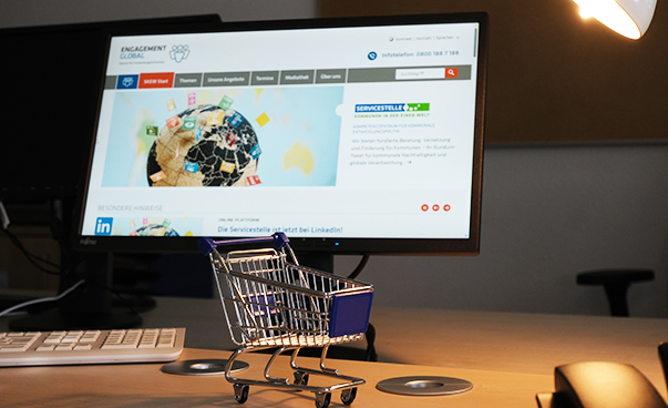 Auf einem Schreibtisch steht ein Miniatur-Einkaufswagen vor einem Monitor, auf dem die Homepage der SKEW zu sehen ist.