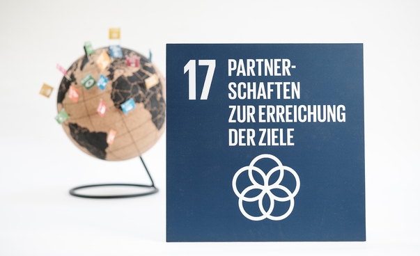 Das Bild zeigt das blaue Symbol des Sustainable Development Goal (SDG) 17: Partnerschaften zu Erreichung der Ziele. Im Hintergrund ist ein Globus zu sehen, auf den die anderen SDG-Symbole aufgespannt sind.