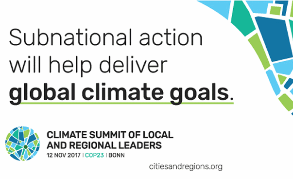 Logo "Local and regional governments at COP23" mit Schriftzug "subntional action will help deliver global climate goals".