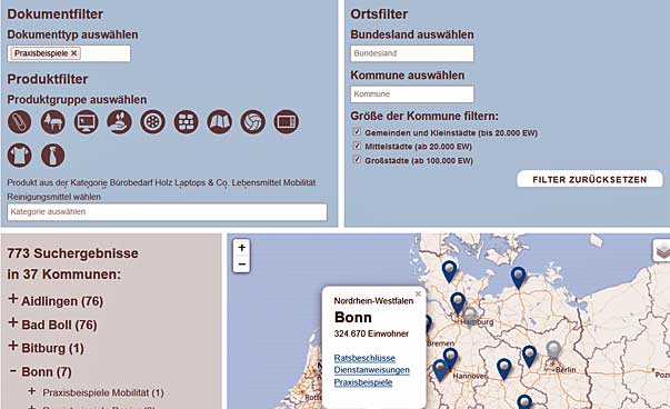 Screenshot einer Webseite, die Suchfelder und Teil einer Deutschlandkarte zeigt. Foto: SKEW/Engagement Global