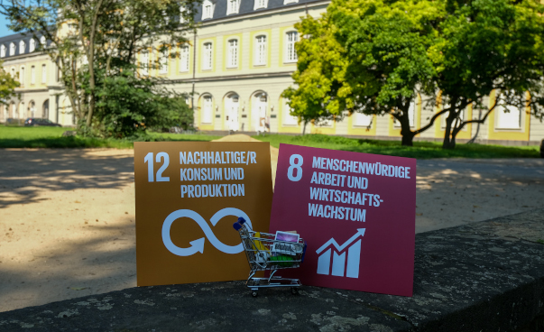 Papp-Icons der SDGs 12 und 8 in einem Park; davor ein Miniatureinkaufswagen mit sensiblen Produkten; im Hintergrund ein langes Gebäude.