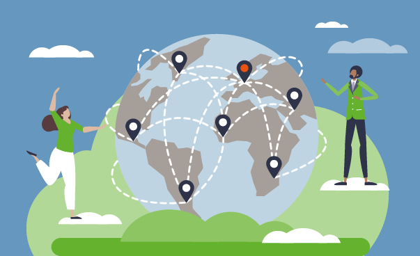 Eine Zeichnung zeigt eine Weltkugel mit vernetzten Orten. Zwei Personen stehen neben der Weltkugel.