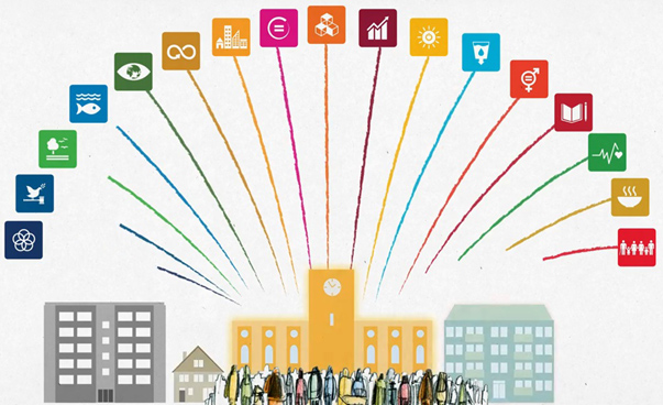 Die Logos der 17 globalen Nachhaltigkeitsziele sind halbkreisförmig über einer stilisierten Stadt angeordnet. Foto: Bundesregierung