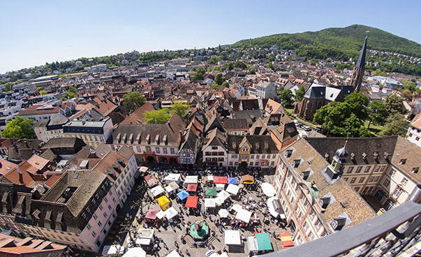 Blick von oben auf den Marktplatz von Neustadt an der Weinstraße, auf dem verschiedene Marktstände zu sehen sind.