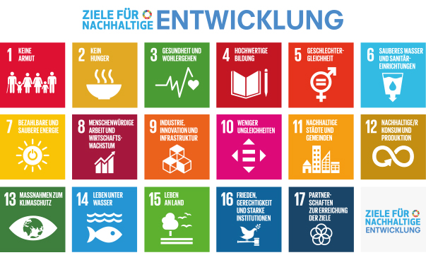 Alle 17 globalen Nachhaltigkeitsymbole sind auf einem Poster zu sehen.