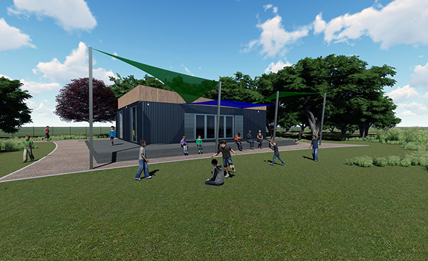A design of the building on a green field; with awnings and children.