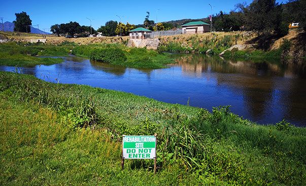The river is visible; in the foreground a green meadow; in the background two buildings.