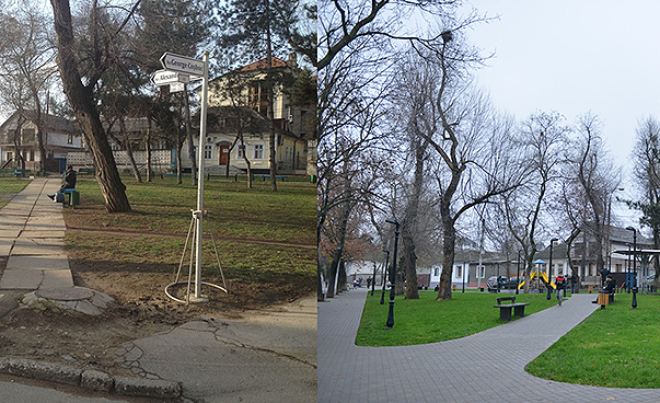 Antes e depois da foto da praça pública em Chișinău.