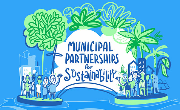 Graphic representation of two islands with people, houses and trees connected by the lettering "Municipal Sustainability Partnerships". Graphic: Florence Dailleux, Thinkpen