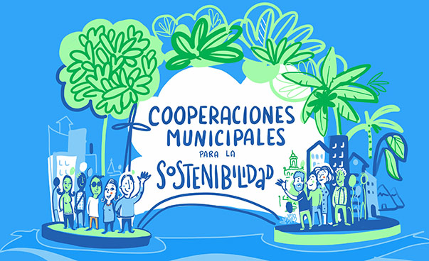 Representación gráfica de dos islas con personas, casas y árboles conectadas por el rótulo "Municipal Sustainability Partnerships". Gráfico: Florence Dailleux, Thinkpen