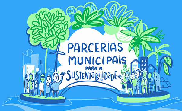 Representação gráfica de duas ilhas com pessoas, casas e árvores ligadas pelo lettering "Parcerias de Sustentabilidade Municipal". Gráfico: Florence Dailleux, Thinkpen