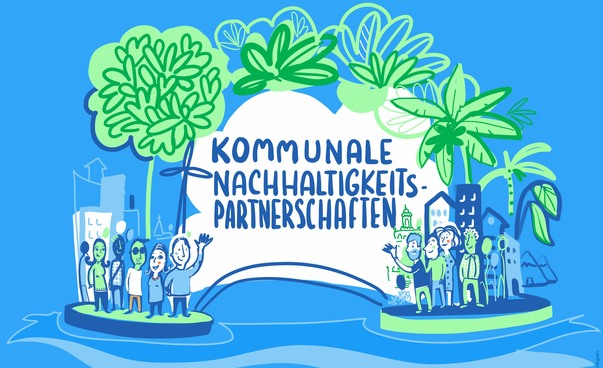 Grafische Darstellung von zwei Inseln mit Menschen und Bäumen, die der Schriftzug Kommunale Nachhaltigkeitspartnerschaften verbindet.