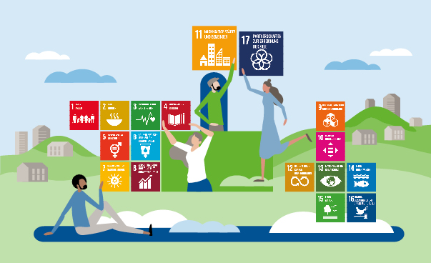 Illustration: People set in a landscape with a lake and mountains, and holding cards with the 17 SDGs.