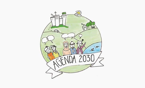 Ein illustrierter Kreis, auf dem Menschen, Wiesen und Häuser zu sehen sind mit der Aufschrift "Agenda 2030".