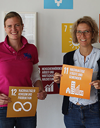 Bild zweier lächelnder Frauen. Beide halten Schilder mit den globalen Nachhaltigkeitssymbolen in die Kamera.